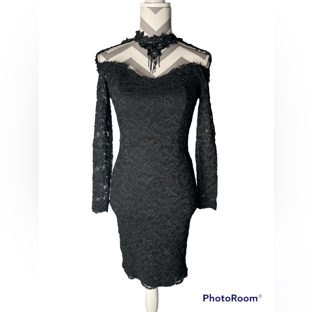 VTG 80s, Black Lace Choker Neck Dress, Lew Magrum